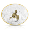 Montana Silversmiths Petite Two-Tone Engraved Belt Buckle w/ Barrel Racer